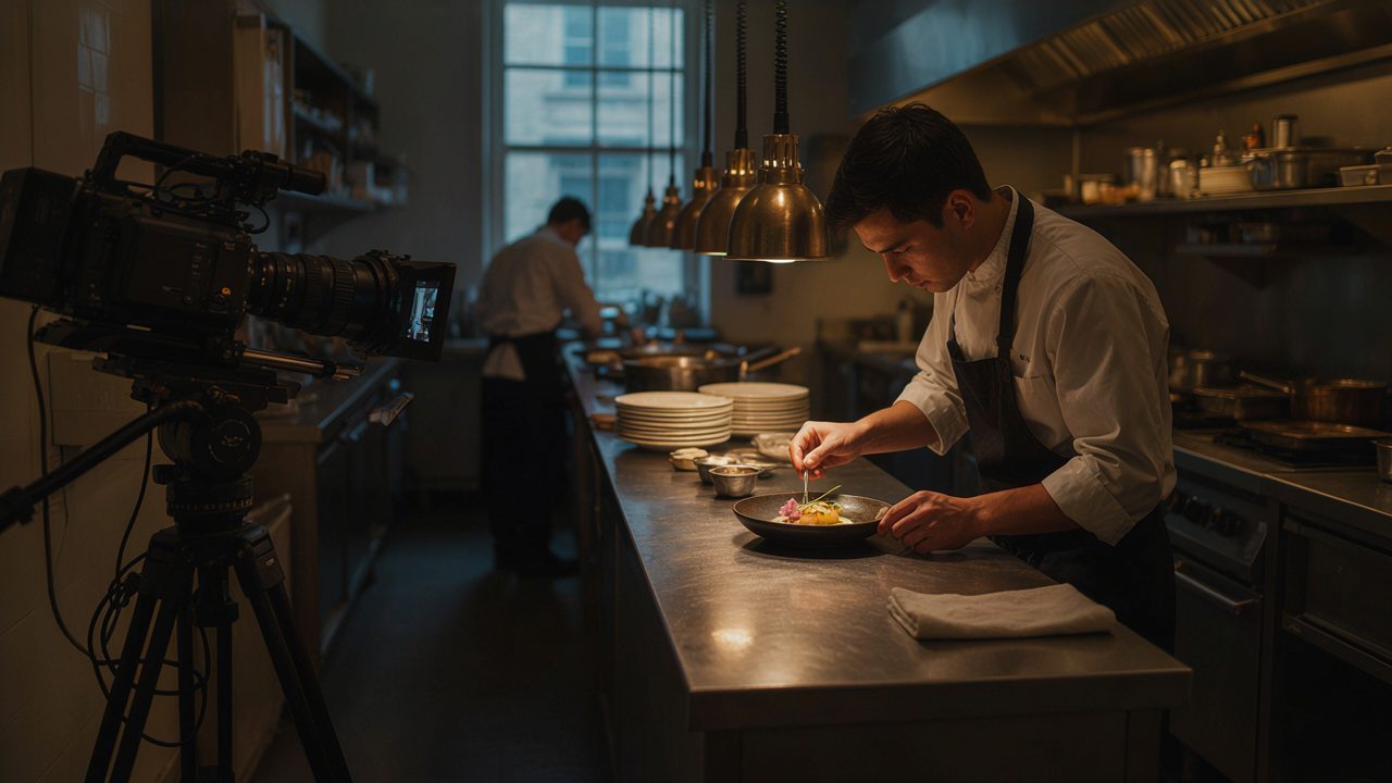 Gravação em cozinha de restaurante